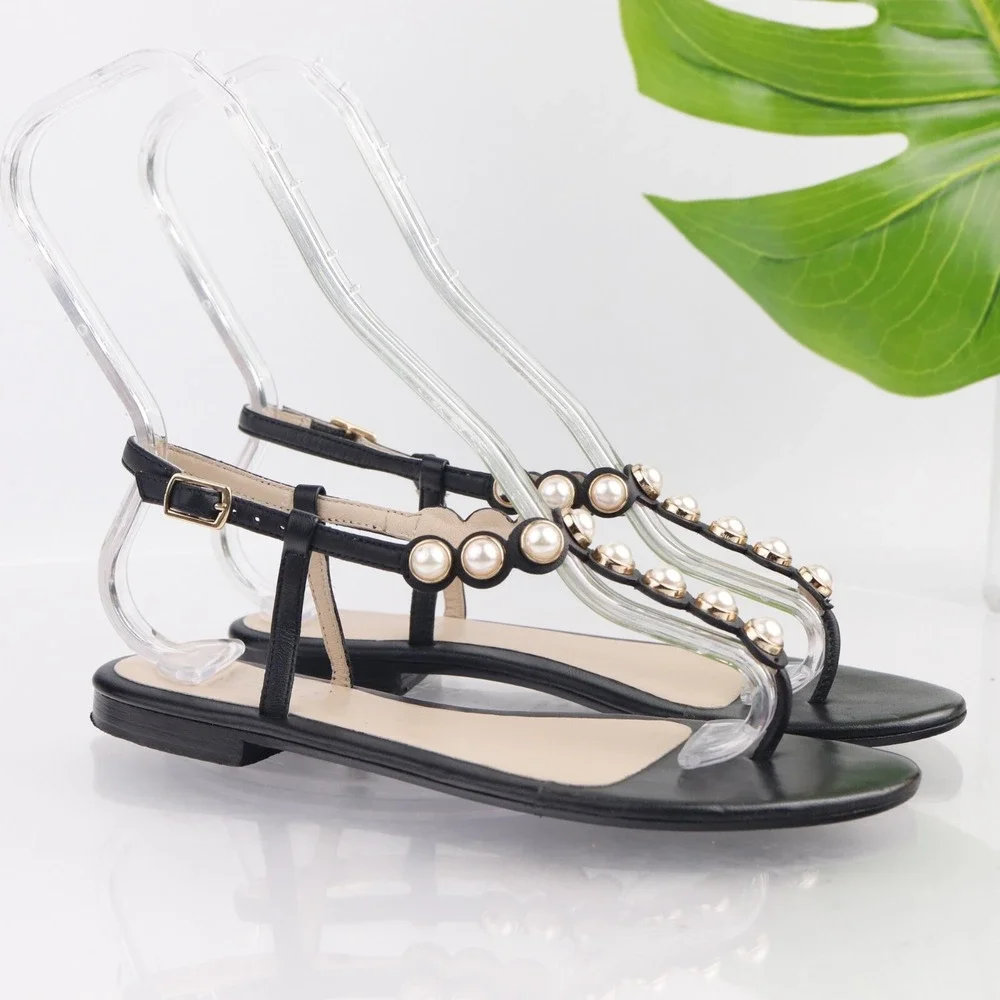 Barneys New York Women Sandal Size 37 6 Black Leather Pearl Thong Slingback Flat